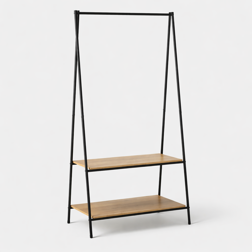 wieszak stojący na ubrania loft z półkami metal & drewno